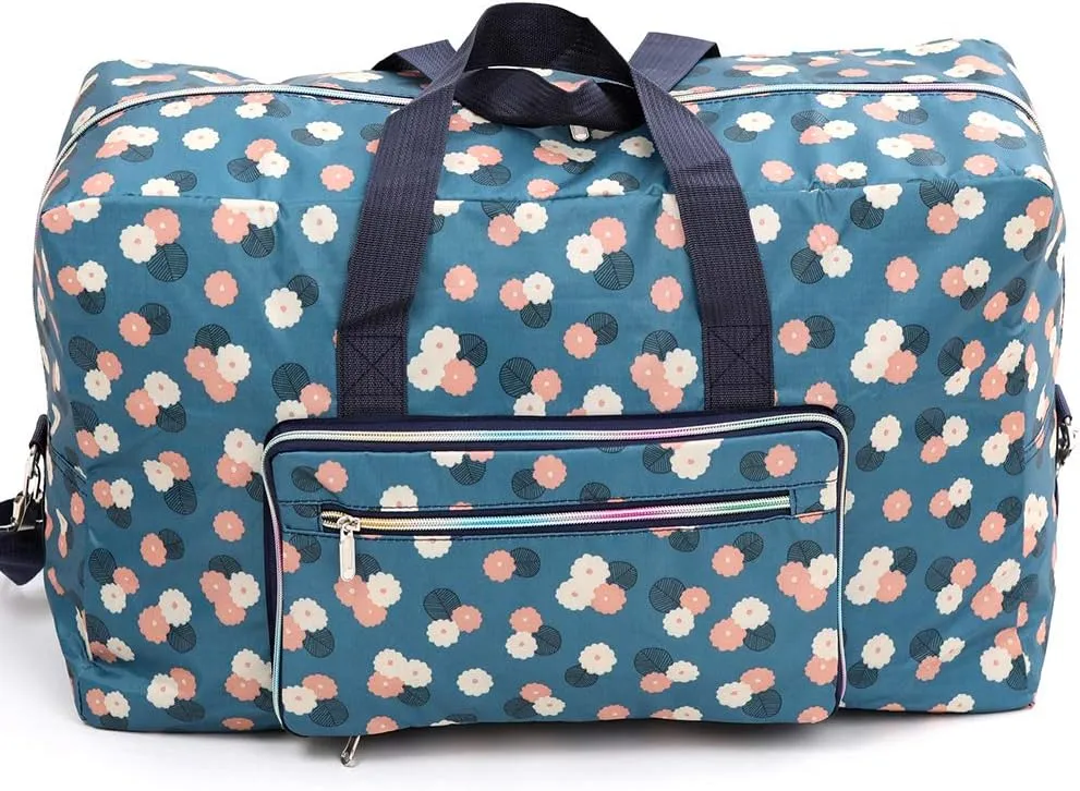 Foldable Travel Duffle Bag for Women Girls Large Cute Floral Weekender Overnight Carry On Bag for Kids Checked Luggage Bag (A-Blue flower)