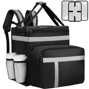 Food Delivery Backpack, Insulated Expandable Food Delivery Bag for Delivery Bike with Reflective Strip, Large Pizza Delivery Bag with 4 Pockets Perfect for Uber Eats and Doordash,Black