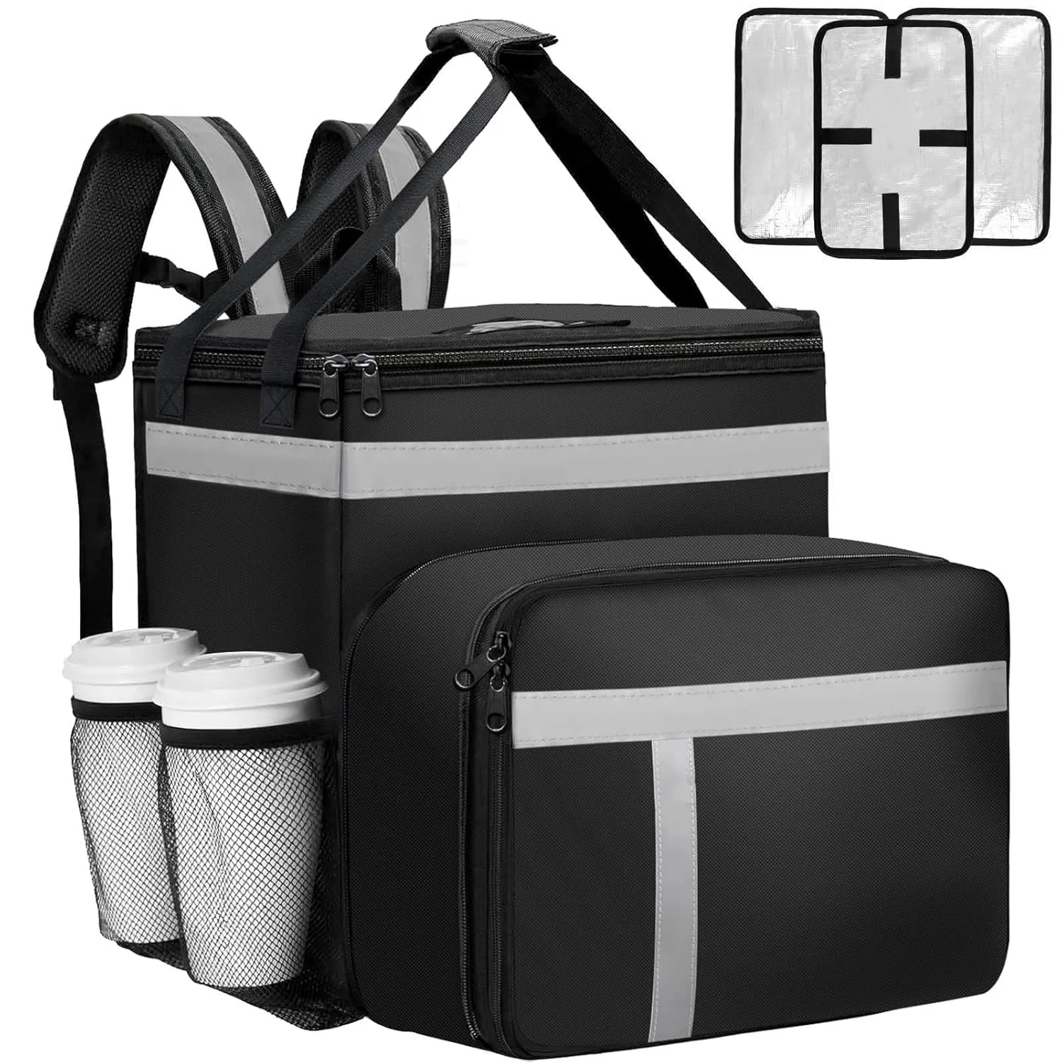 Food Delivery Backpack, Insulated Expandable Food Delivery Bag for Delivery Bike with Reflective Strip, Large Pizza Delivery Bag with 4 Pockets Perfect for Uber Eats and Doordash,Black