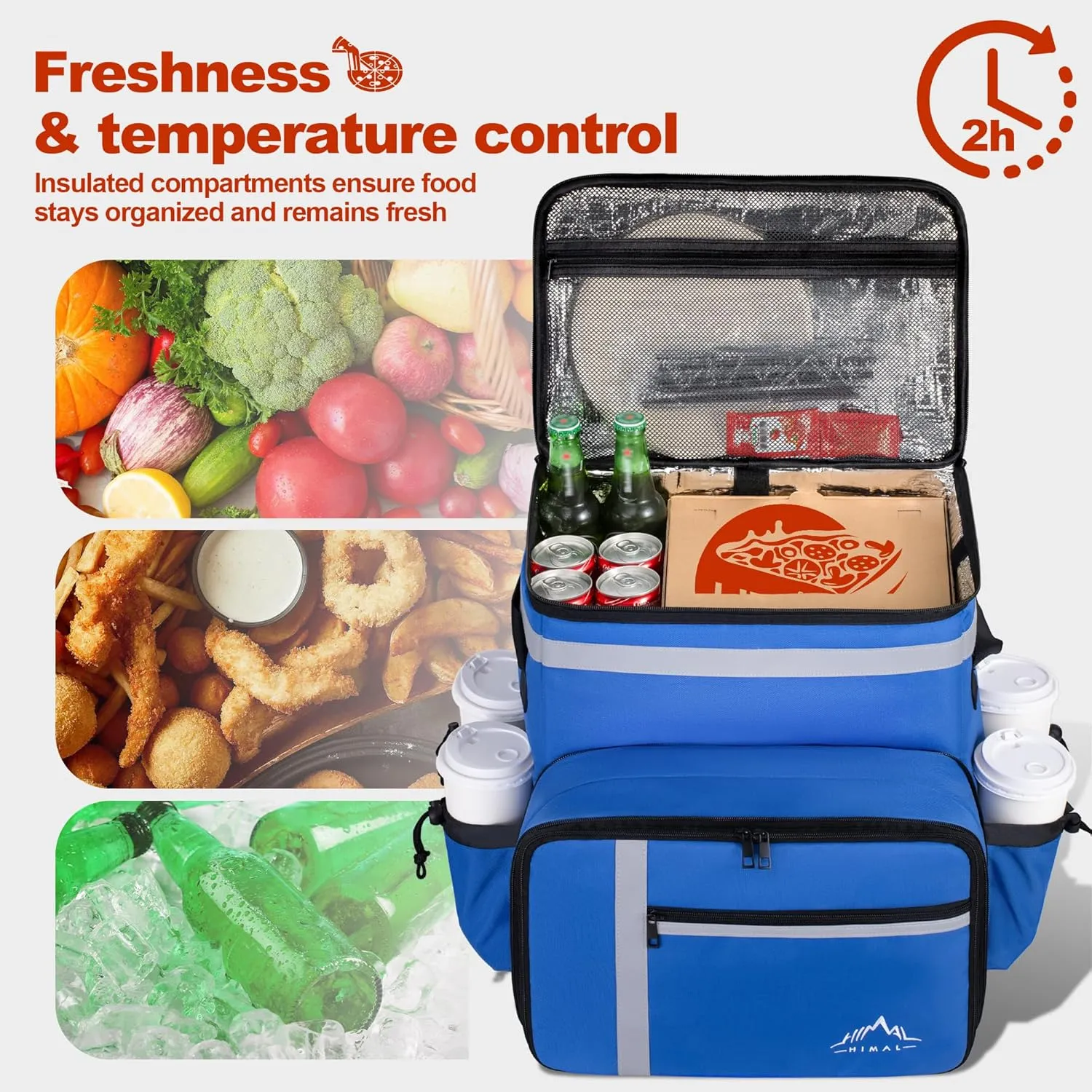 Food Delivery Backpack, Insulated Food Delivery Bags for Takeout Bike, Large Pizza Takeout Bag for HOT/COLD with 4 Pockets Reflective Perfect for Uber Eats, Camping & Beach