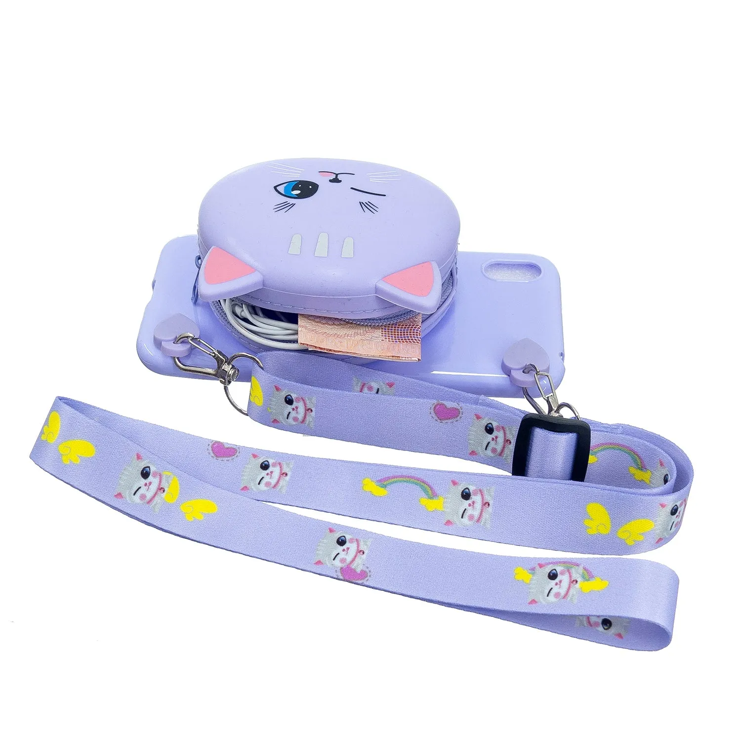 For HUAWEI Y5 2018/Y5 2019 Cellphone Case Mobile Phone Shell Shockproof TPU Cover with Cartoon Cat Pig Panda Coin Purse Lovely Shoulder Starp  Purple