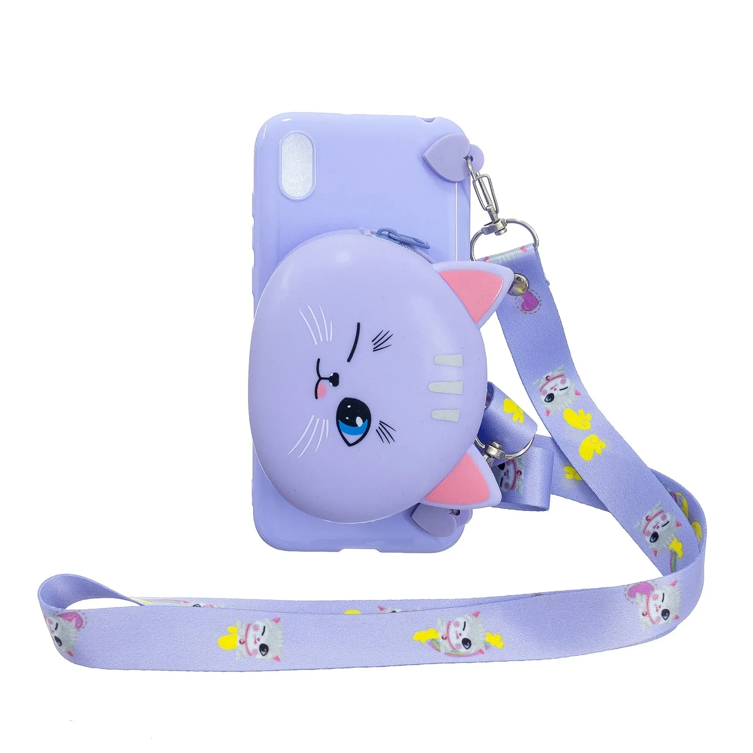For HUAWEI Y5 2018/Y5 2019 Cellphone Case Mobile Phone Shell Shockproof TPU Cover with Cartoon Cat Pig Panda Coin Purse Lovely Shoulder Starp  Purple