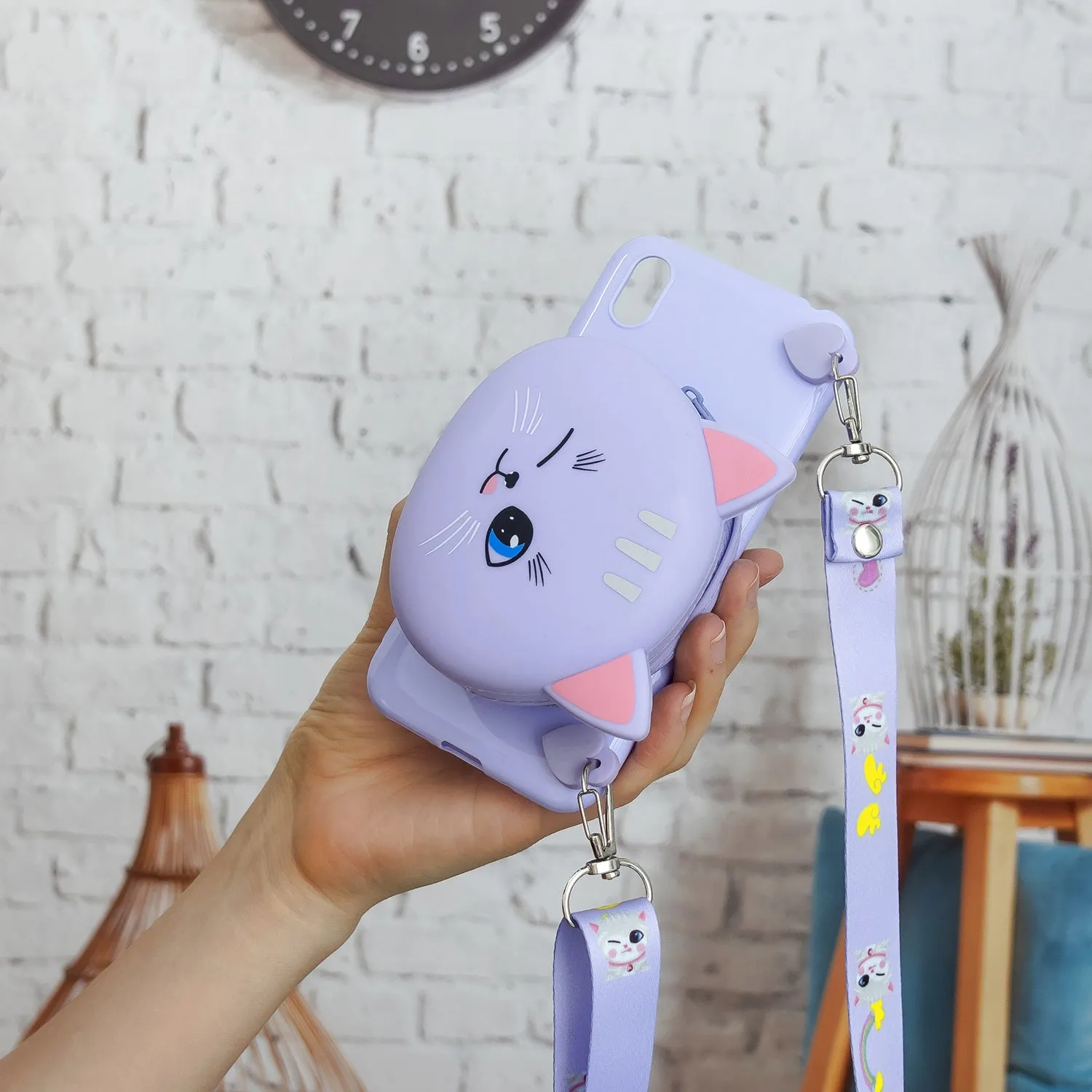 For HUAWEI Y5 2018/Y5 2019 Cellphone Case Mobile Phone Shell Shockproof TPU Cover with Cartoon Cat Pig Panda Coin Purse Lovely Shoulder Starp  Purple