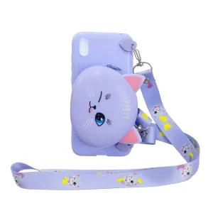 For HUAWEI Y5 2018/Y5 2019 Cellphone Case Mobile Phone Shell Shockproof TPU Cover with Cartoon Cat Pig Panda Coin Purse Lovely Shoulder Starp  Purple