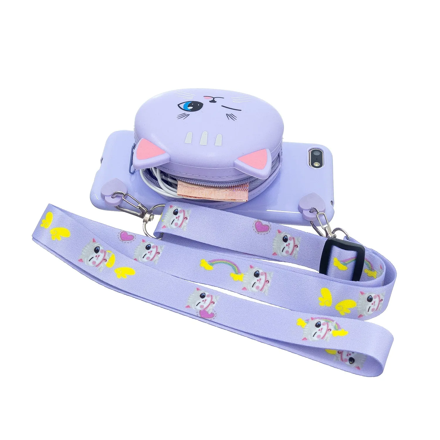 For HUAWEI Y5 2018/Y5 2019 Cellphone Case Mobile Phone Shell Shockproof TPU Cover with Cartoon Cat Pig Panda Coin Purse Lovely Shoulder Starp  Purple