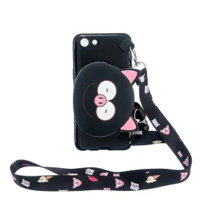 For OPPO A83/A9 2020 Cellphone Case Mobile Phone TPU Shell Shockproof Cover with Cartoon Cat Pig Panda Coin Purse Lovely Shoulder Starp  Black