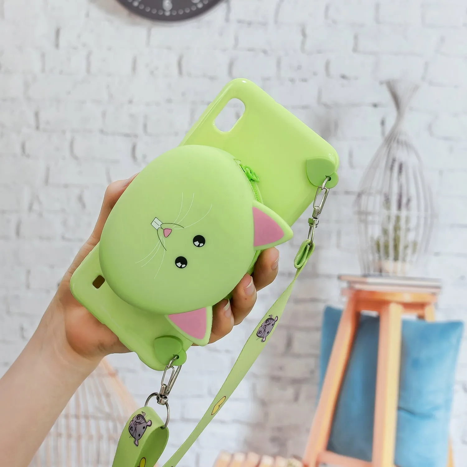 For Samsung A10/A20/A30 Case Mobile Phone Shell Shockproof TPU Cellphone Cover with Cartoon Cat Pig Panda Coin Purse Lovely Shoulder Starp  Purple