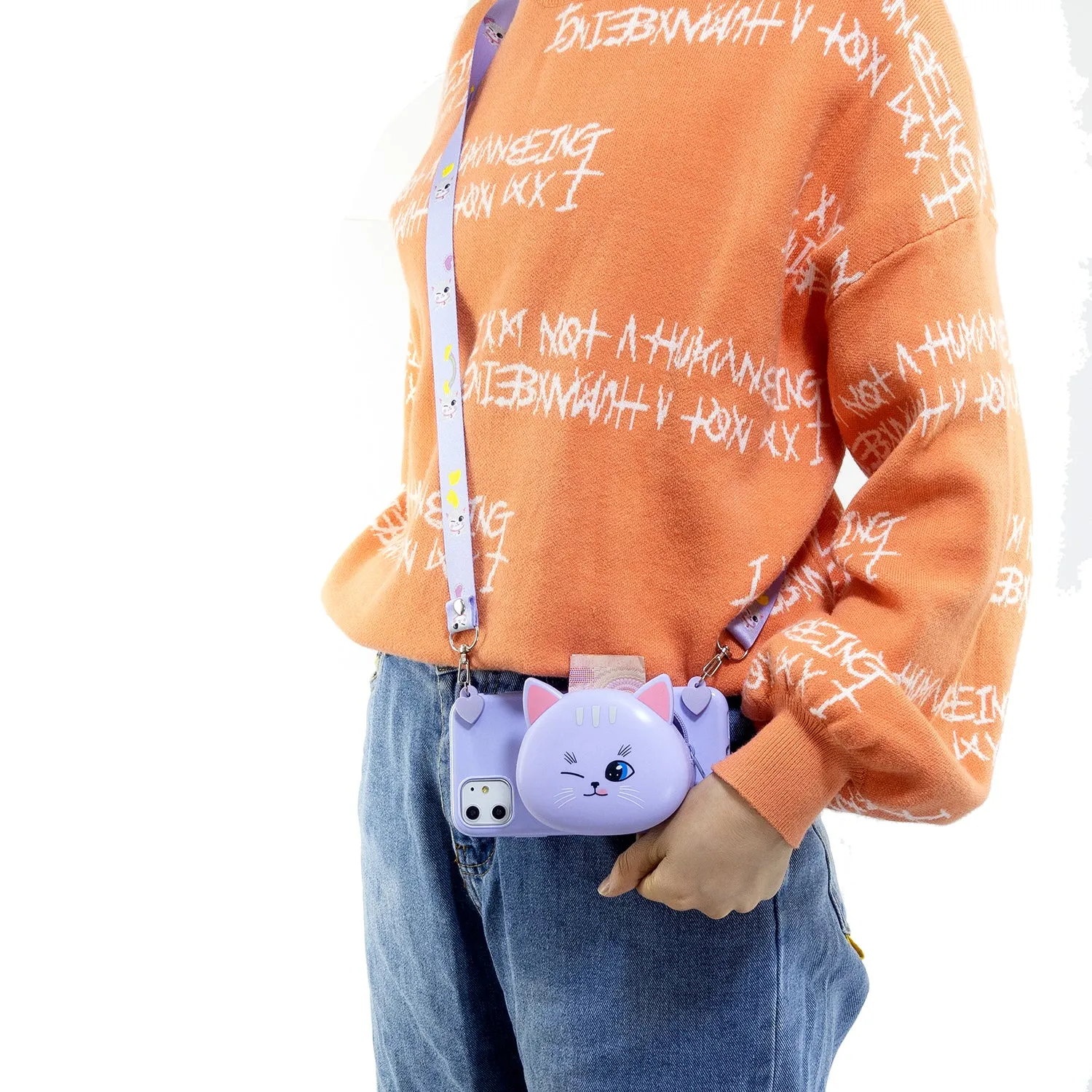 For Samsung A10/A20/A30 Case Mobile Phone Shell Shockproof TPU Cellphone Cover with Cartoon Cat Pig Panda Coin Purse Lovely Shoulder Starp  Purple