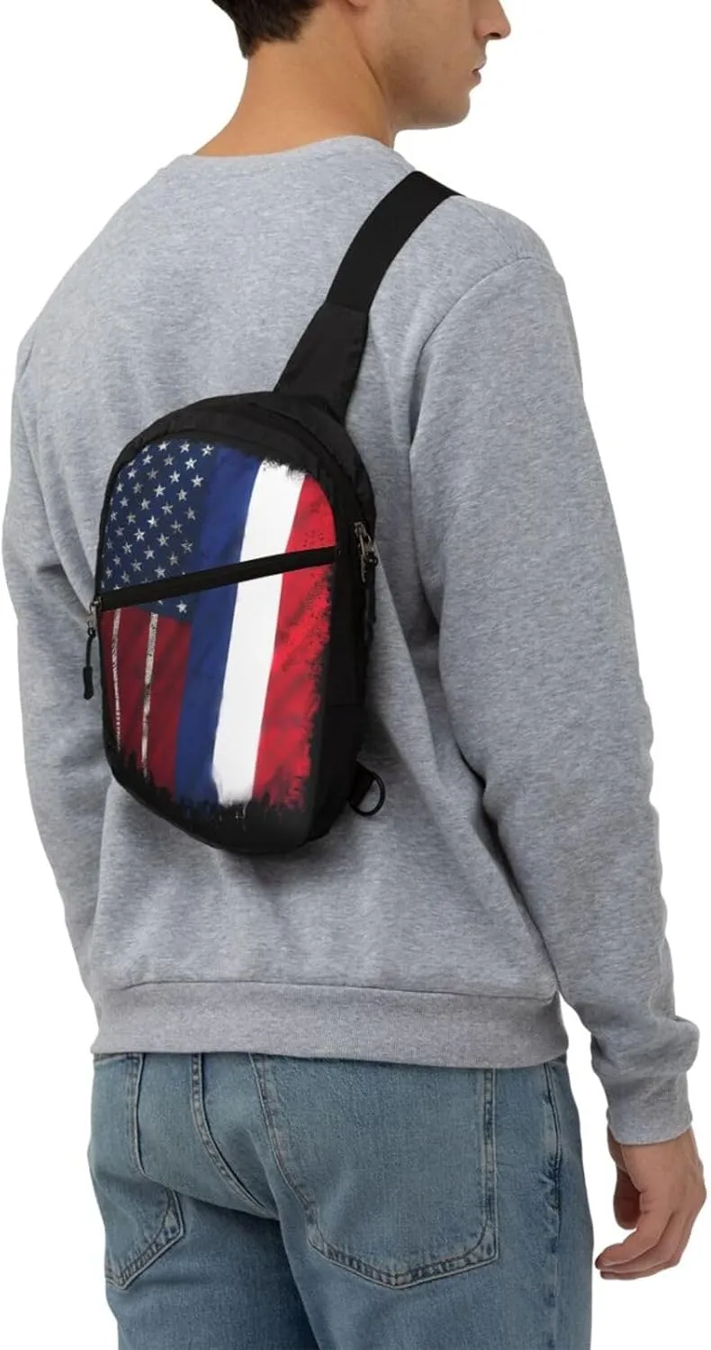 French American Flag France America Flag Packable Crossbody Bag Portable Sling Bags Foldable Travel Daypack Reusable Sports Shoulder Backpack Diagonally Chest Bag for Workout