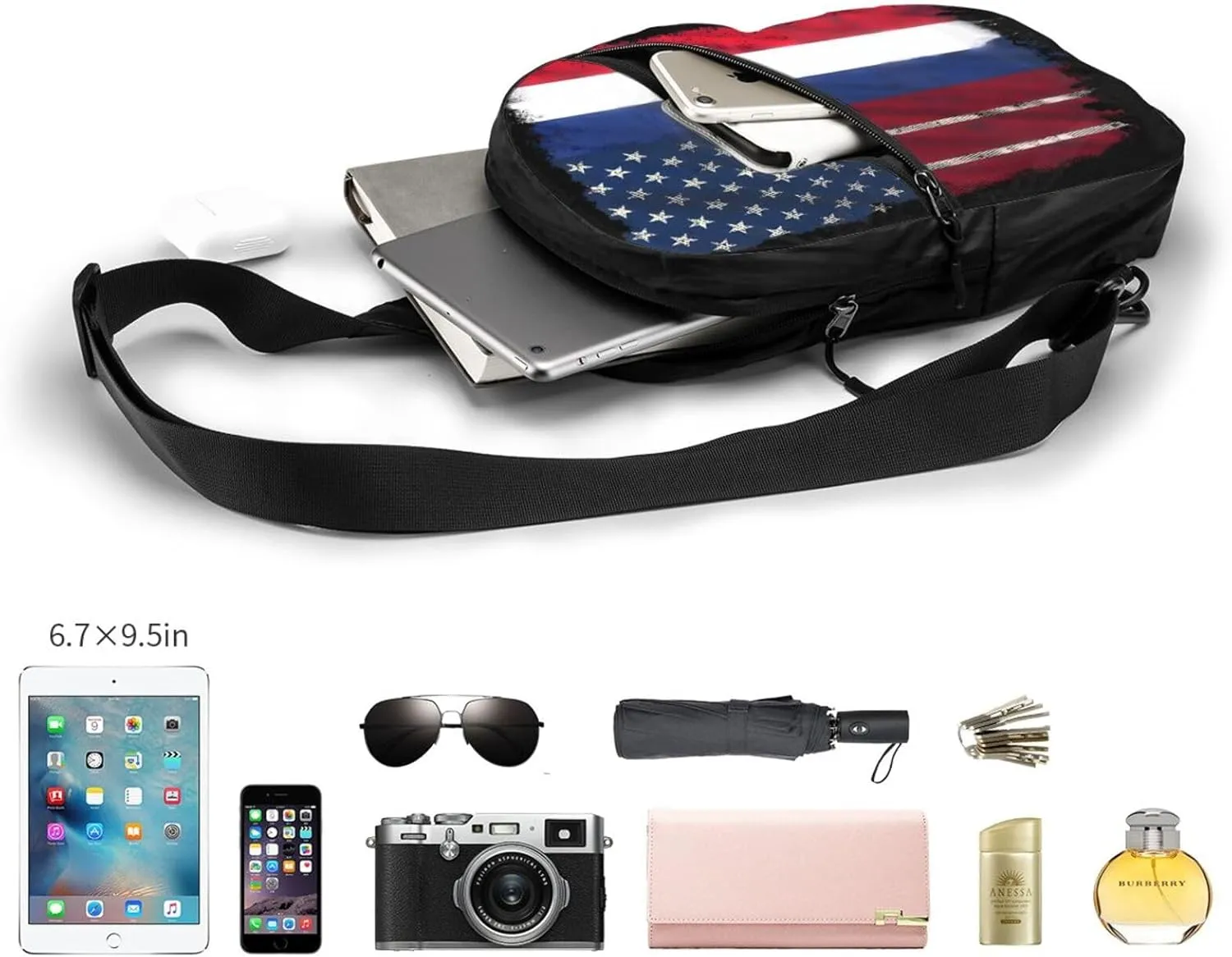 French American Flag France America Flag Packable Crossbody Bag Portable Sling Bags Foldable Travel Daypack Reusable Sports Shoulder Backpack Diagonally Chest Bag for Workout