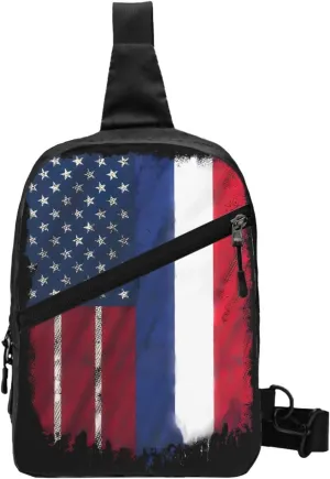French American Flag France America Flag Packable Crossbody Bag Portable Sling Bags Foldable Travel Daypack Reusable Sports Shoulder Backpack Diagonally Chest Bag for Workout