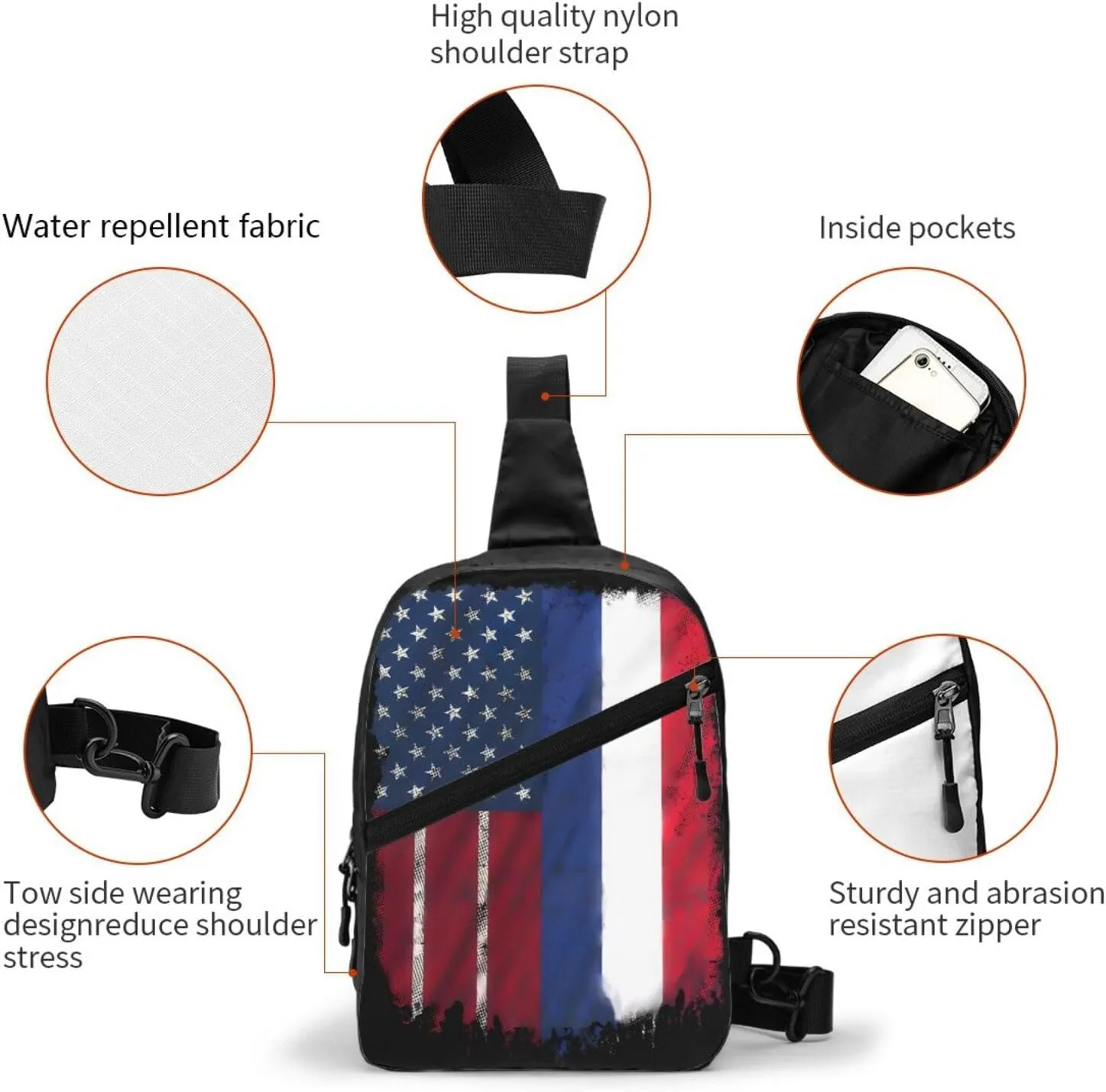 French American Flag France America Flag Packable Crossbody Bag Portable Sling Bags Foldable Travel Daypack Reusable Sports Shoulder Backpack Diagonally Chest Bag for Workout