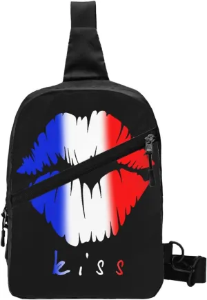 French Kiss Tricolor Lips Packable Crossbody Bag Portable Sling Bags Foldable Travel Daypack Reusable Sports Shoulder Backpack Diagonally Chest Bag for Workout