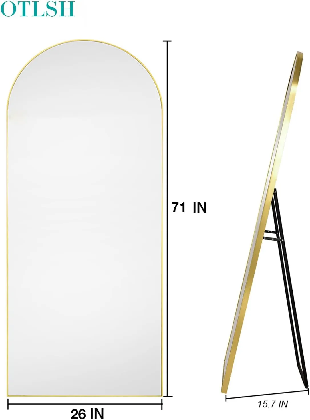Full Length Arched Floor Mirror, 71"26" With Stand, Full Body, Large, Wall, Freestanding, Oversized, Aluminum Frame - Gold