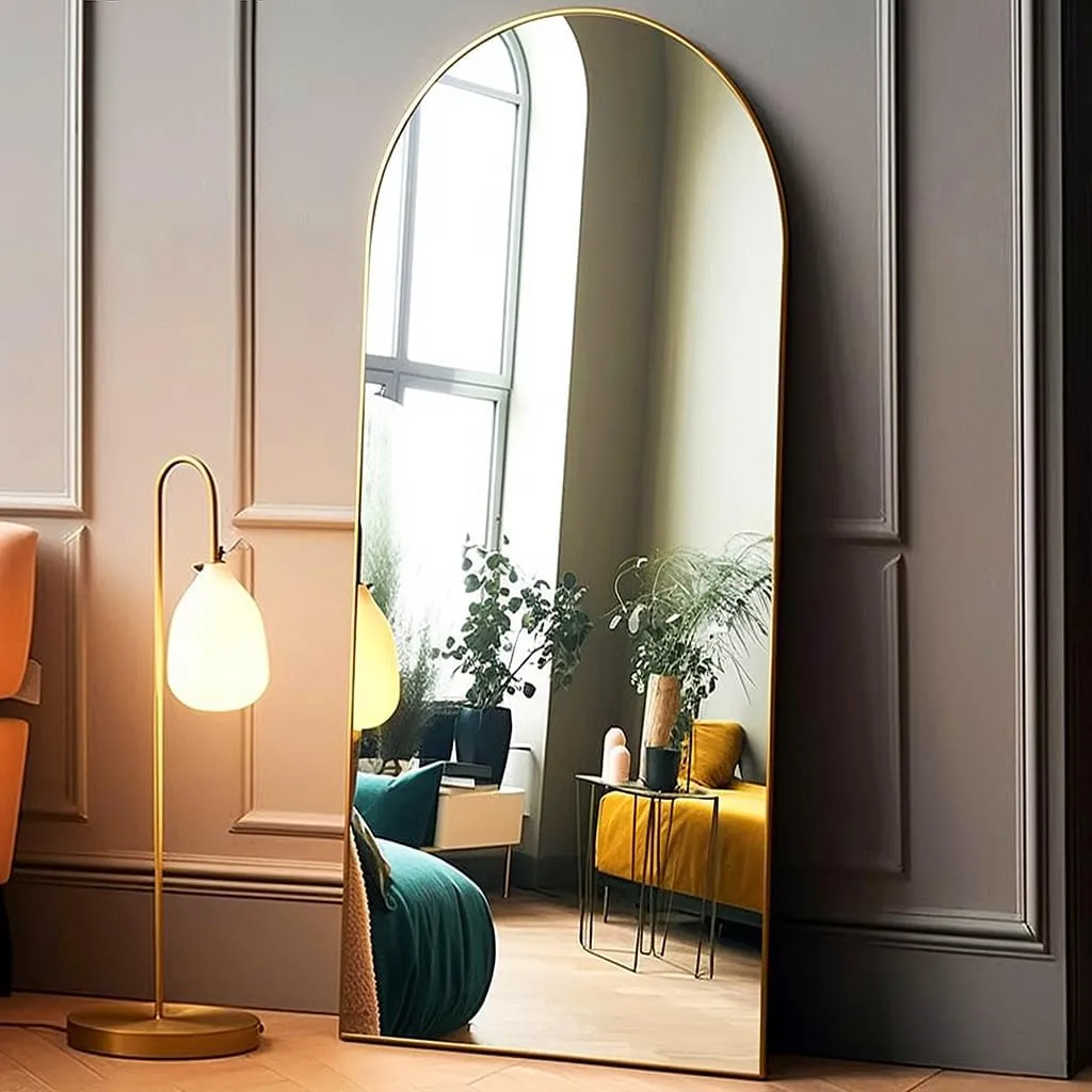 Full Length Arched Floor Mirror, 71"26" With Stand, Full Body, Large, Wall, Freestanding, Oversized, Aluminum Frame - Gold