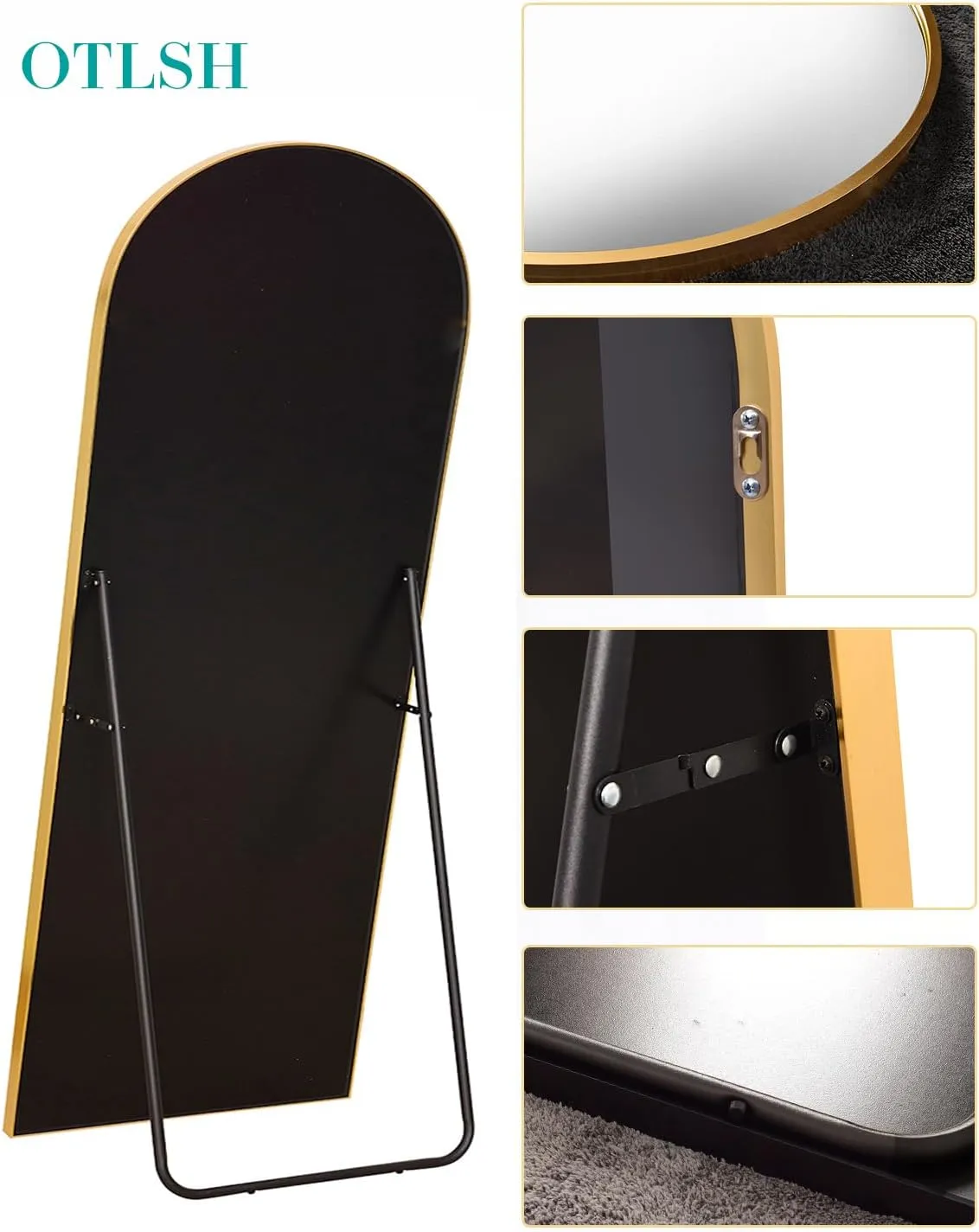 Full Length Arched Floor Mirror, 71"26" With Stand, Full Body, Large, Wall, Freestanding, Oversized, Aluminum Frame - Gold