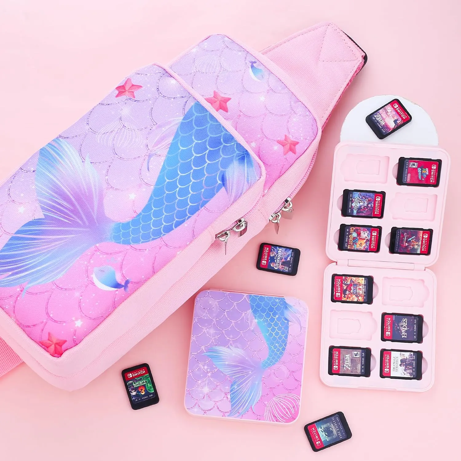 FUNDIARY Pink and Purple Carrying Travel Bag for Nintendo Switch/OLED/Lite with Blue Fishtail Design, Portable Accessories Bundle with Shoulder Bag Crossbody Backpack, Game Card Case and 2 Thumb Caps