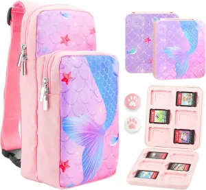 FUNDIARY Pink and Purple Carrying Travel Bag for Nintendo Switch/OLED/Lite with Blue Fishtail Design, Portable Accessories Bundle with Shoulder Bag Crossbody Backpack, Game Card Case and 2 Thumb Caps