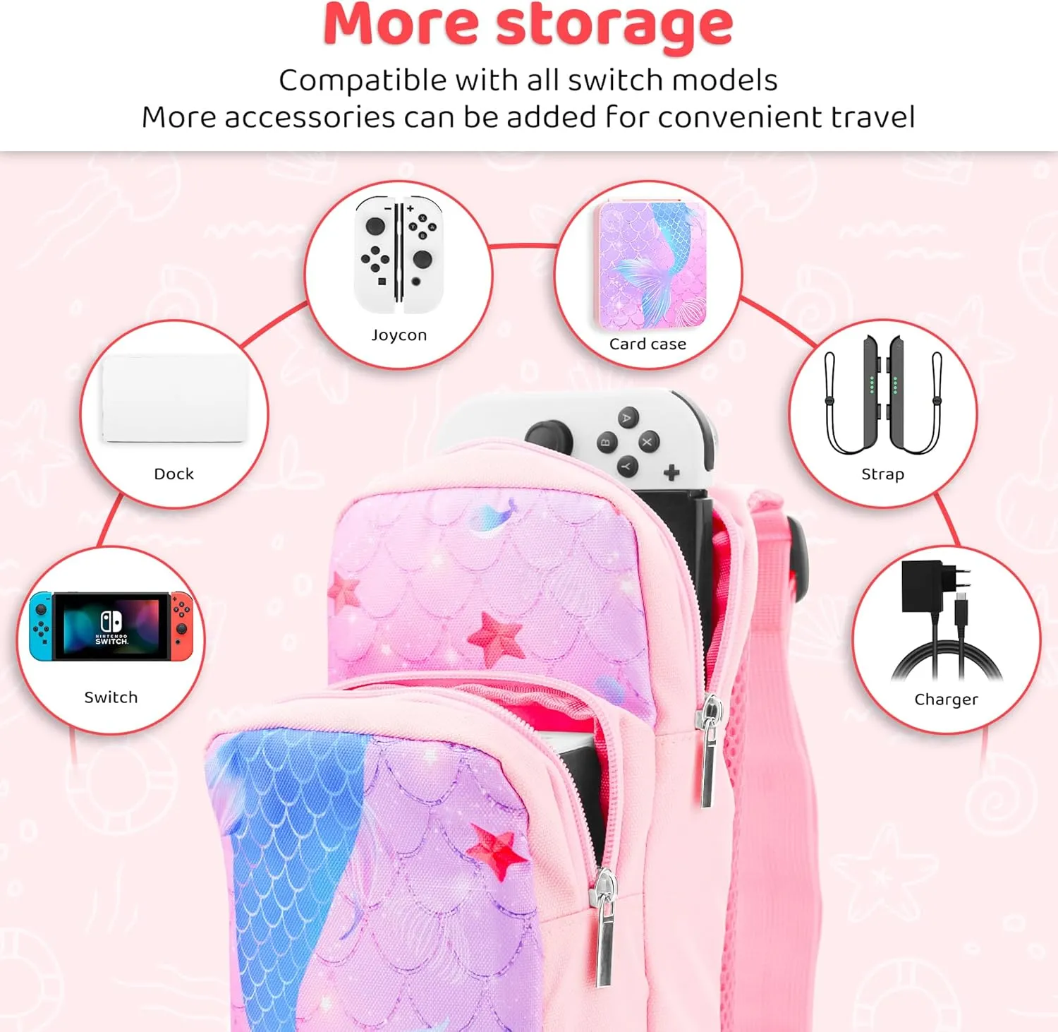 FUNDIARY Pink and Purple Carrying Travel Bag for Nintendo Switch/OLED/Lite with Blue Fishtail Design, Portable Accessories Bundle with Shoulder Bag Crossbody Backpack, Game Card Case and 2 Thumb Caps