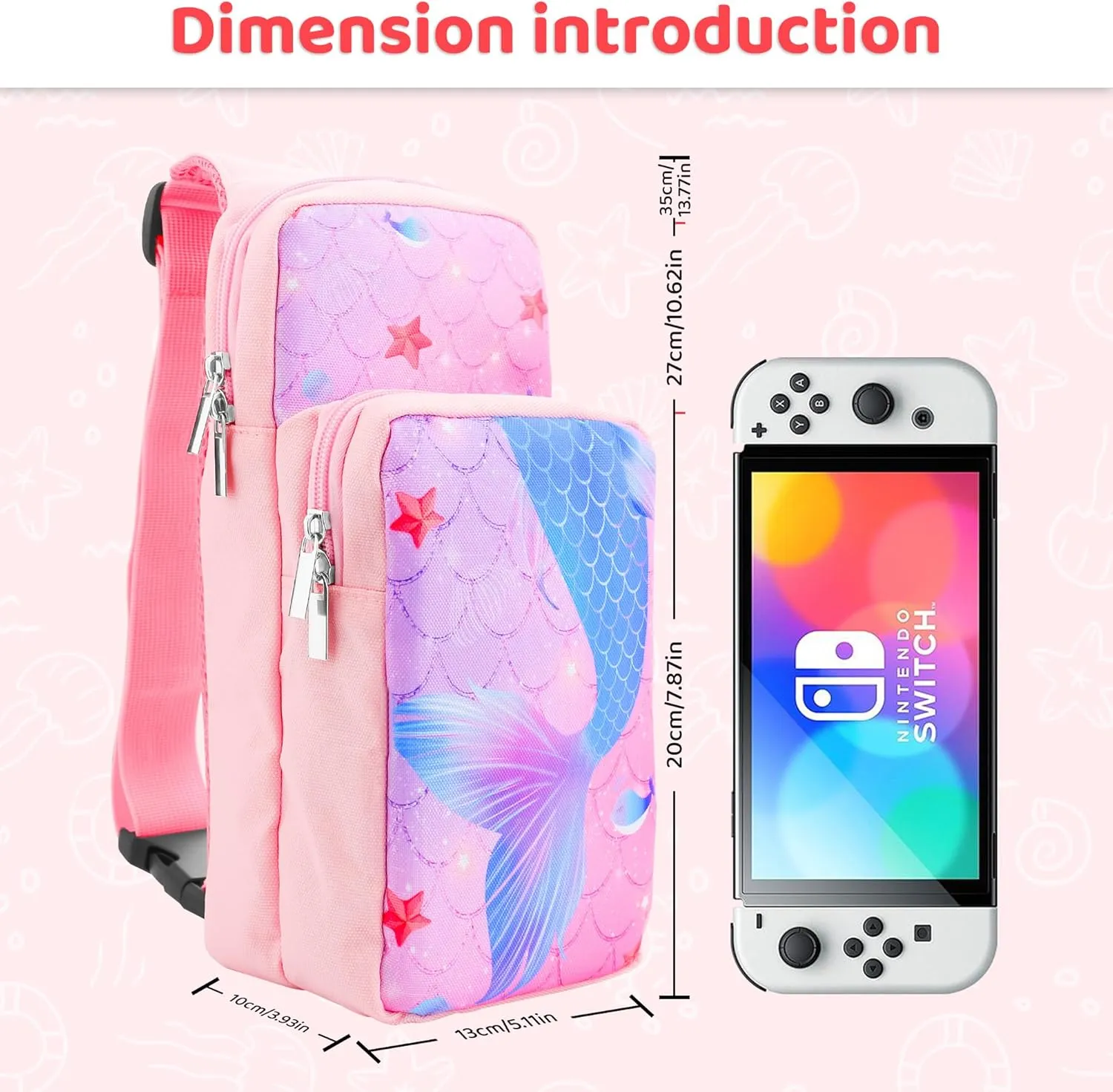 FUNDIARY Pink and Purple Carrying Travel Bag for Nintendo Switch/OLED/Lite with Blue Fishtail Design, Portable Accessories Bundle with Shoulder Bag Crossbody Backpack, Game Card Case and 2 Thumb Caps