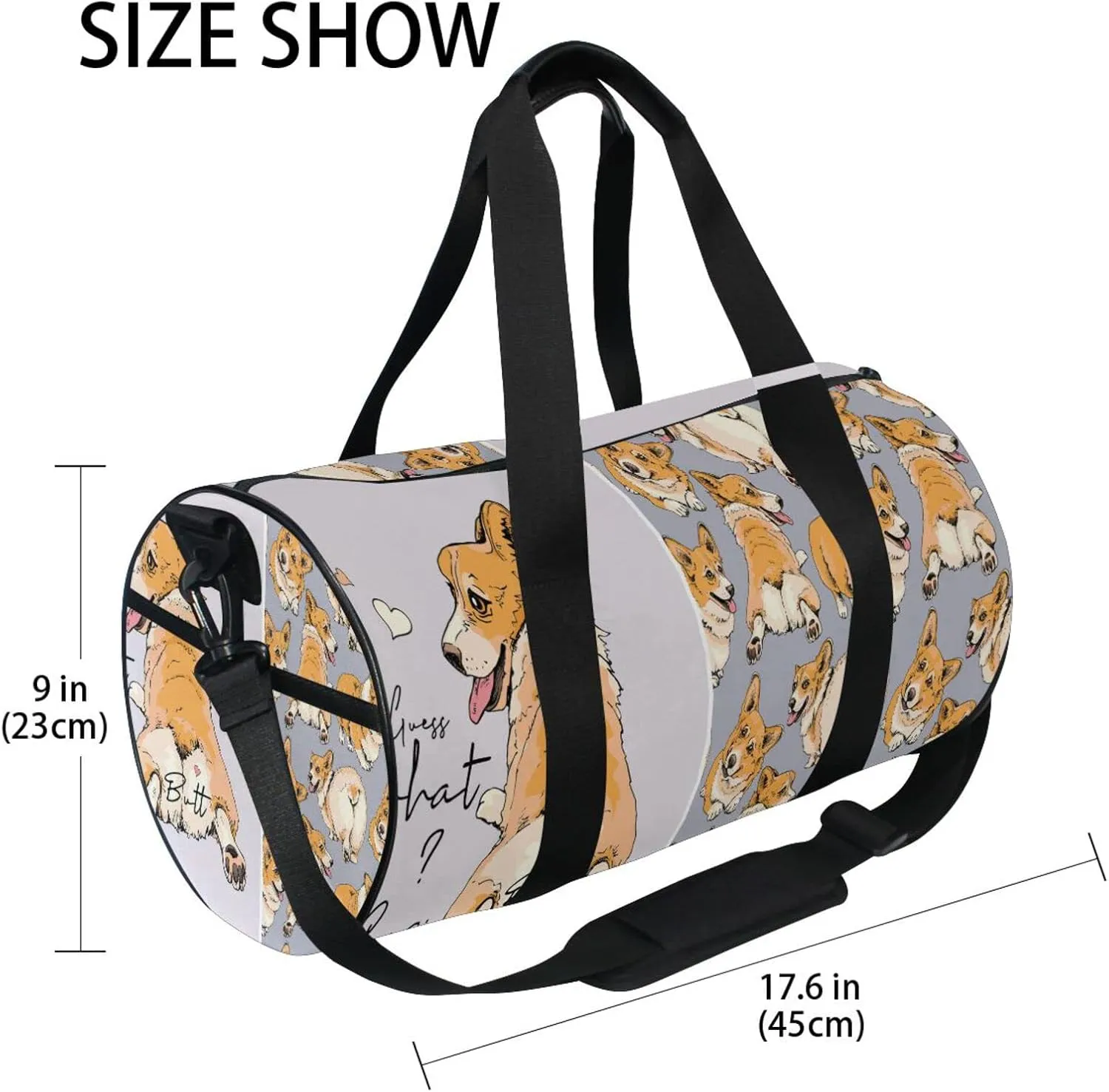 Funny Cute Welsh Corgi in a Different Poses Butt Humor Textile Duffel Bag, Foldable Canvas Travel Tote for Gym Sports with Inner Pockets, Durable Lightweight Fitness Bag for Overnight Workout