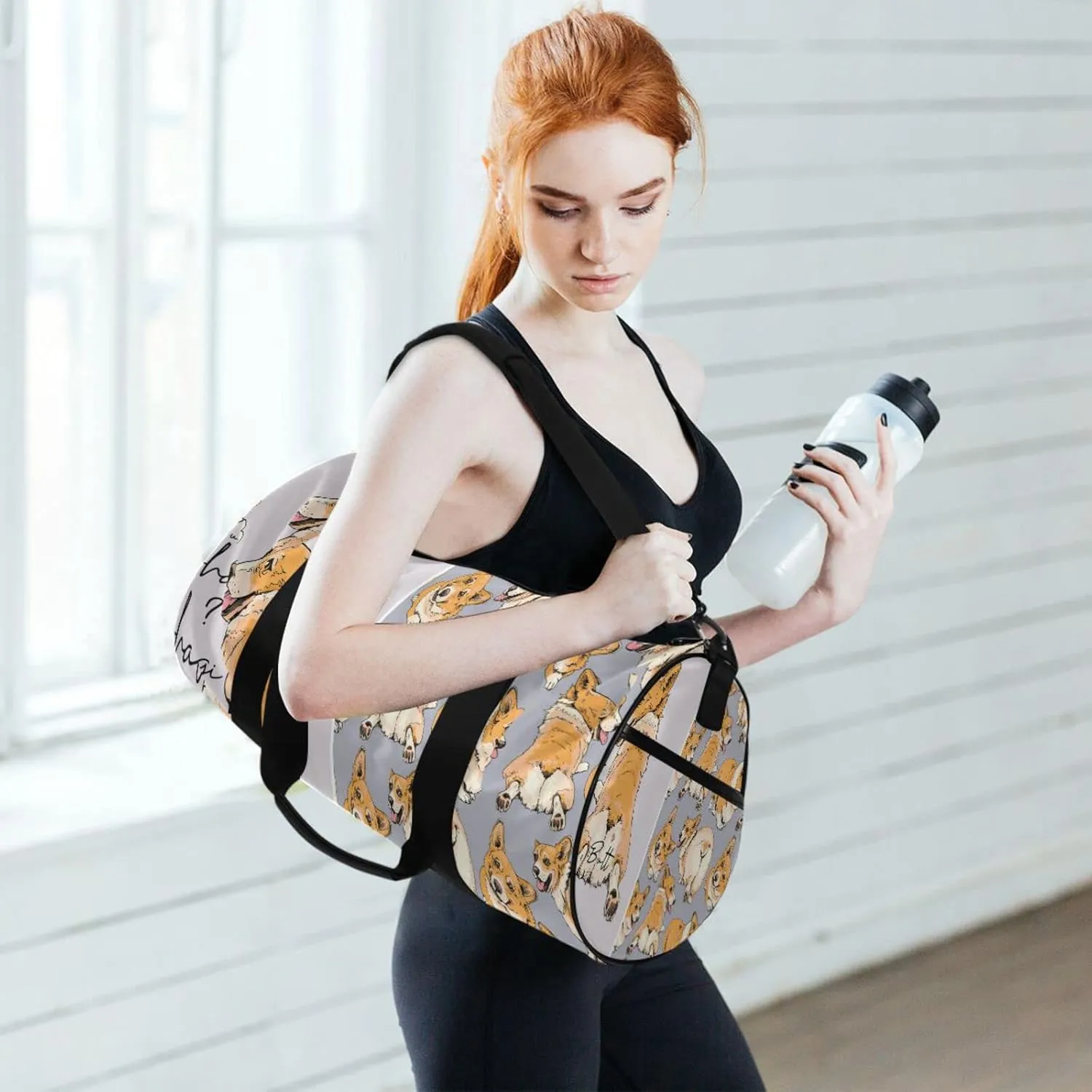 Funny Cute Welsh Corgi in a Different Poses Butt Humor Textile Duffel Bag, Foldable Canvas Travel Tote for Gym Sports with Inner Pockets, Durable Lightweight Fitness Bag for Overnight Workout