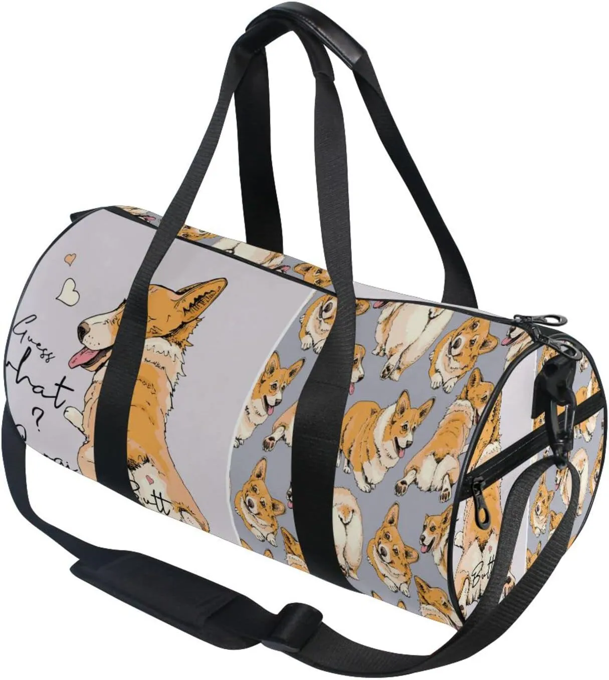 Funny Cute Welsh Corgi in a Different Poses Butt Humor Textile Duffel Bag, Foldable Canvas Travel Tote for Gym Sports with Inner Pockets, Durable Lightweight Fitness Bag for Overnight Workout
