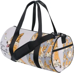 Funny Cute Welsh Corgi in a Different Poses Butt Humor Textile Duffel Bag, Foldable Canvas Travel Tote for Gym Sports with Inner Pockets, Durable Lightweight Fitness Bag for Overnight Workout