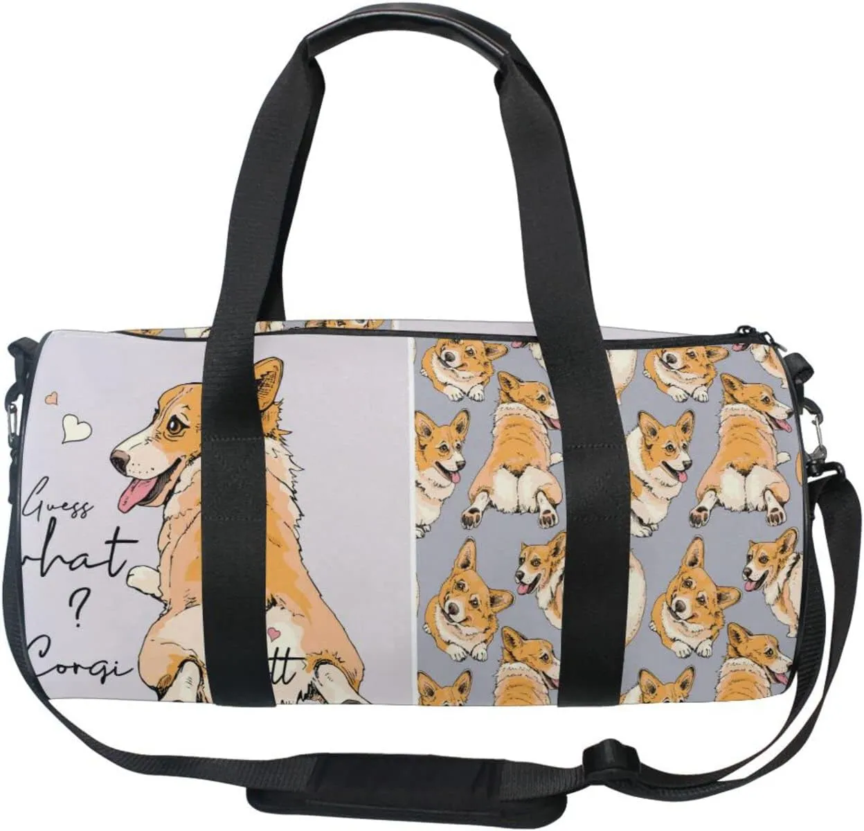 Funny Cute Welsh Corgi in a Different Poses Butt Humor Textile Duffel Bag, Foldable Canvas Travel Tote for Gym Sports with Inner Pockets, Durable Lightweight Fitness Bag for Overnight Workout