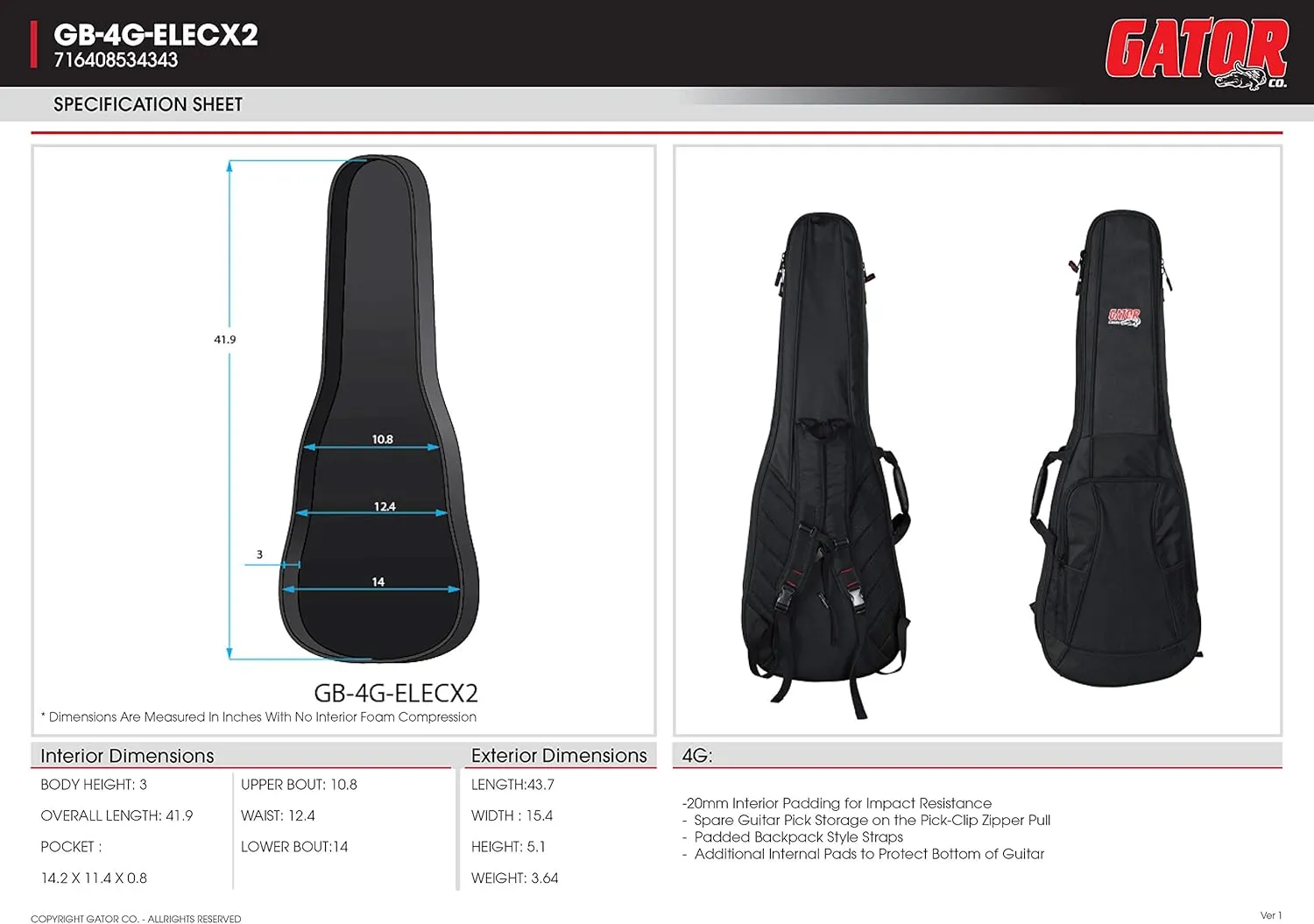 Gator Cases 4G-MiZone Series Gig Bag For Two Electric Guitars With Adjustable Backpack Straps, Fits Two Stratocaster and Telecaster Style Electric Guitars (GB-4G-ELEC 2X)