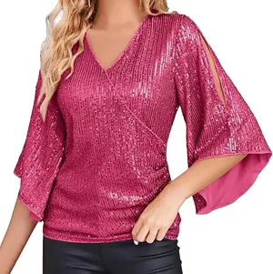 Generic Womens Sequin Tops 3/4 Sleeve Glitter Sparkly Blouse V Neck Dressy Tops for Evening Party Short Sleeve Sports Shirts