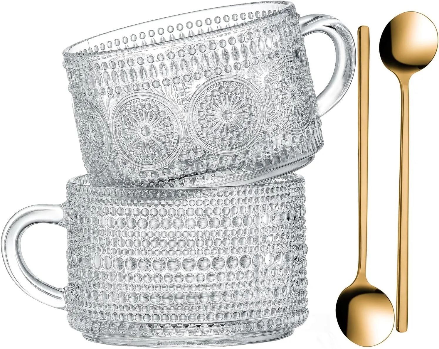 Gezzeny Vintage Glass Coffee Mugs 14 Oz Set of 2 Clear Embossed Tea Cups, Glass Coffee Cups for Cappuccino, Latte, Cereal, Yogurt, Beverage Christmas Thanksgiving Gifts