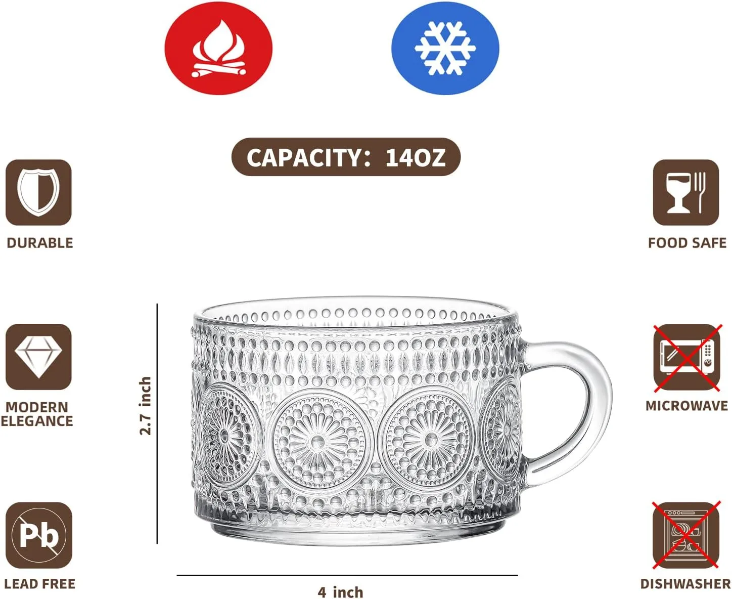 Gezzeny Vintage Glass Coffee Mugs 14 Oz Set of 2 Clear Embossed Tea Cups, Glass Coffee Cups for Cappuccino, Latte, Cereal, Yogurt, Beverage Christmas Thanksgiving Gifts