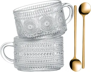 Gezzeny Vintage Glass Coffee Mugs 14 Oz Set of 2 Clear Embossed Tea Cups, Glass Coffee Cups for Cappuccino, Latte, Cereal, Yogurt, Beverage Christmas Thanksgiving Gifts