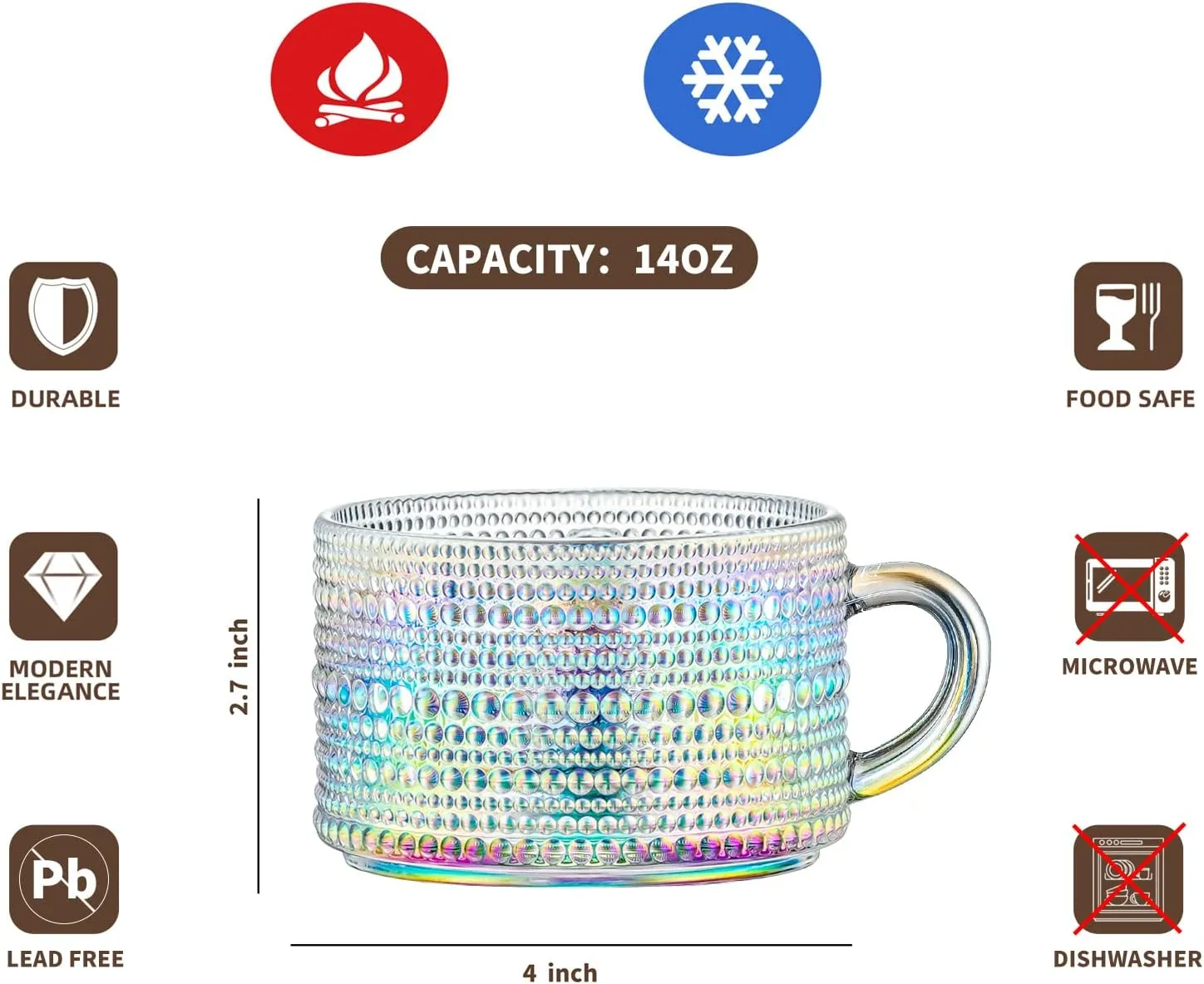 Gezzeny Vintage Glass Coffee Mugs 14 Oz Set of 2 Iridescent Embossed, Tea Cups,Glass Coffee Cups for Cappuccino, Latte,Cereal, Yogurt, Beverage Christmas Thanksgiving Day Gifts