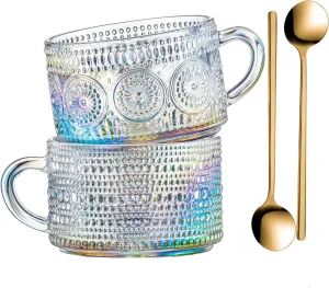 Gezzeny Vintage Glass Coffee Mugs 14 Oz Set of 2 Iridescent Embossed, Tea Cups,Glass Coffee Cups for Cappuccino, Latte,Cereal, Yogurt, Beverage Christmas Thanksgiving Day Gifts