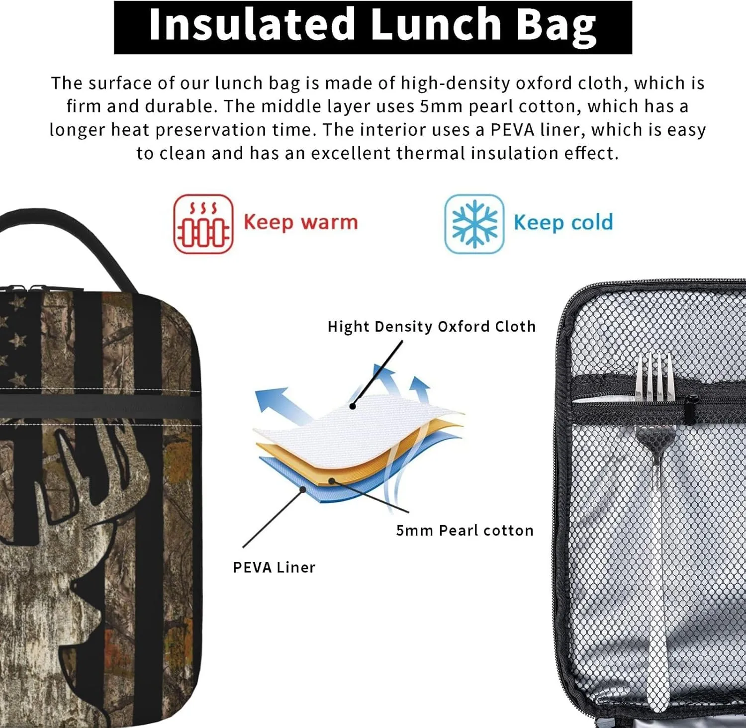 Gianlaima Camo Camouflage Deer American Flag Brown Insulated Lunch Box For Women And Man, Portable Lunch Bags Reusable Cooler Tote For Office Work Travel Picnic Camping Beach