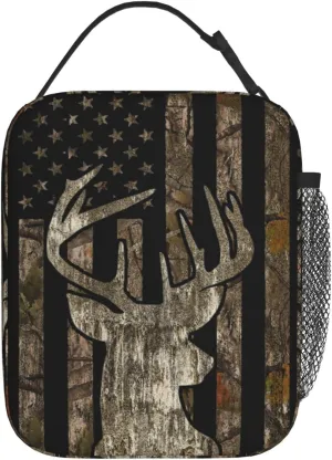Gianlaima Camo Camouflage Deer American Flag Brown Insulated Lunch Box For Women And Man, Portable Lunch Bags Reusable Cooler Tote For Office Work Travel Picnic Camping Beach