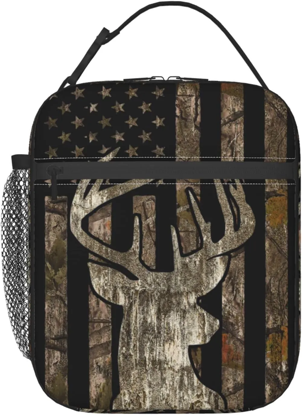 Gianlaima Camo Camouflage Deer American Flag Brown Insulated Lunch Box For Women And Man, Portable Lunch Bags Reusable Cooler Tote For Office Work Travel Picnic Camping Beach