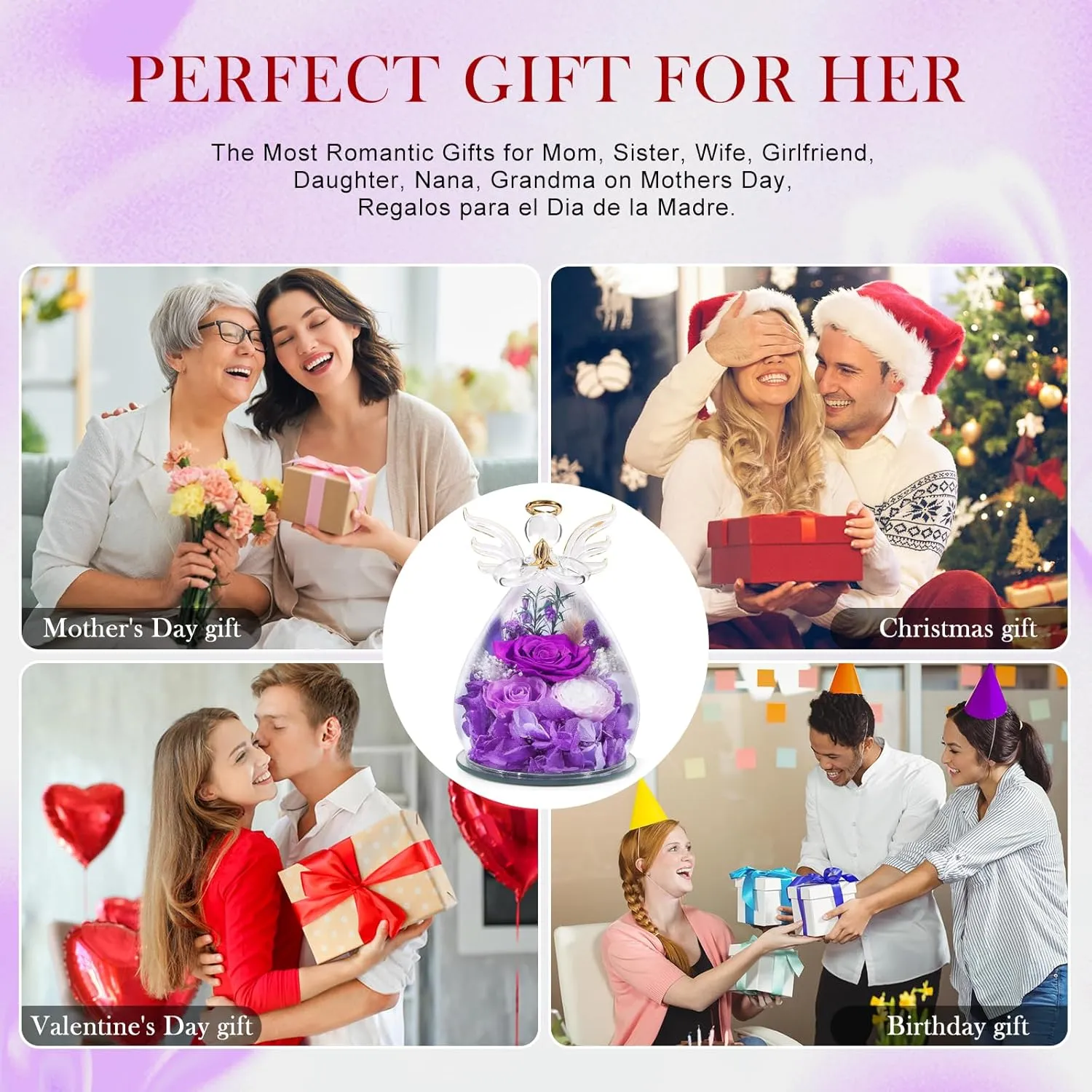 Gifts for Women Birthday Gifts for Mom Preserved Rose Forever Flower in Glass Angel Figurines Fresh Flowers for Delivery Prime Real Purple Roses for Grandma Sister Wife Her from Daughter