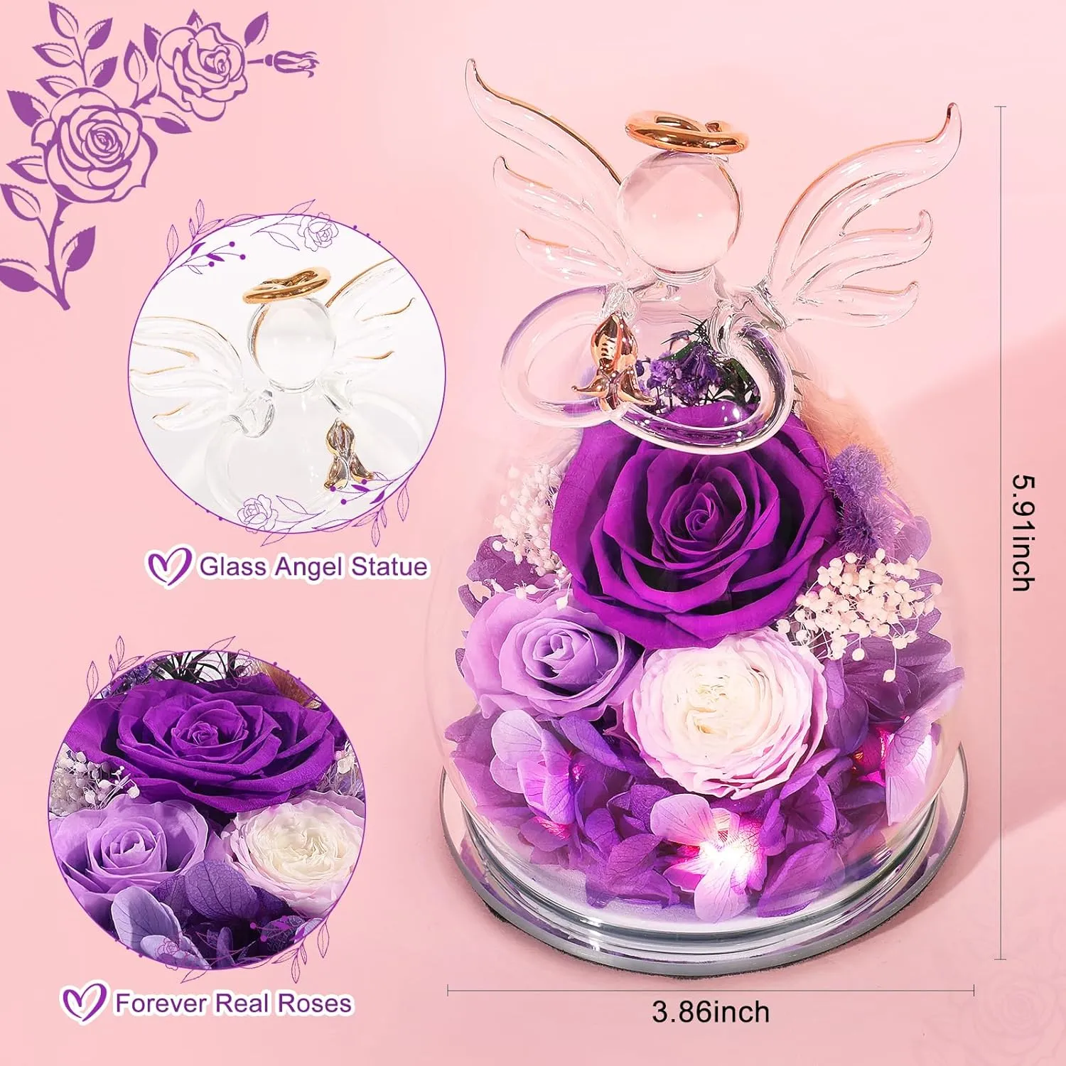 Gifts for Women Birthday Gifts for Mom Preserved Rose Forever Flower in Glass Angel Figurines Fresh Flowers for Delivery Prime Real Purple Roses for Grandma Sister Wife Her from Daughter