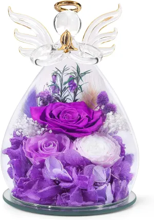Gifts for Women Birthday Gifts for Mom Preserved Rose Forever Flower in Glass Angel Figurines Fresh Flowers for Delivery Prime Real Purple Roses for Grandma Sister Wife Her from Daughter