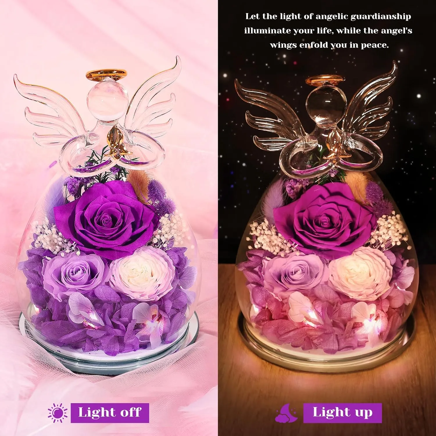 Gifts for Women Birthday Gifts for Mom Preserved Rose Forever Flower in Glass Angel Figurines Fresh Flowers for Delivery Prime Real Purple Roses for Grandma Sister Wife Her from Daughter