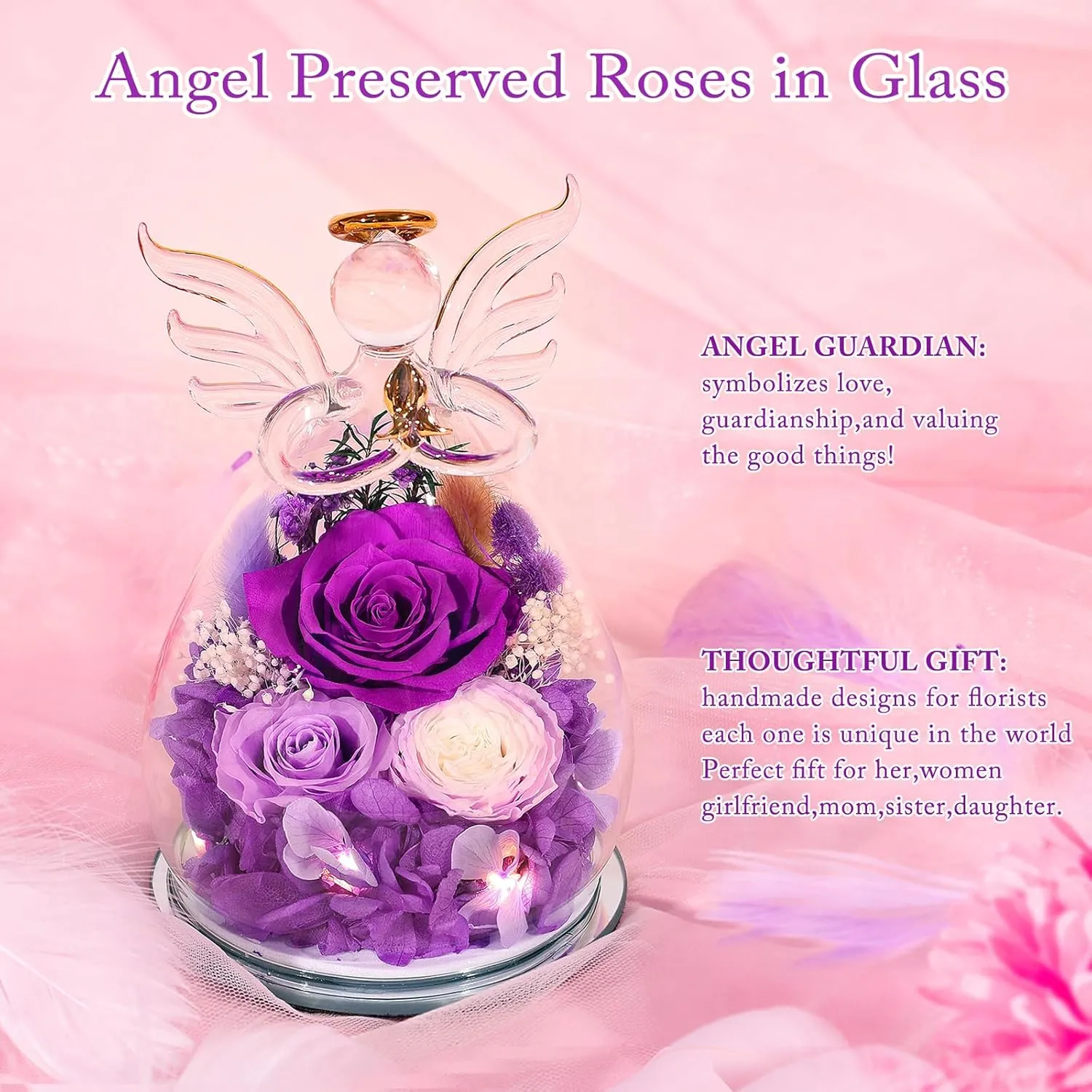 Gifts for Women Birthday Gifts for Mom Preserved Rose Forever Flower in Glass Angel Figurines Fresh Flowers for Delivery Prime Real Purple Roses for Grandma Sister Wife Her from Daughter