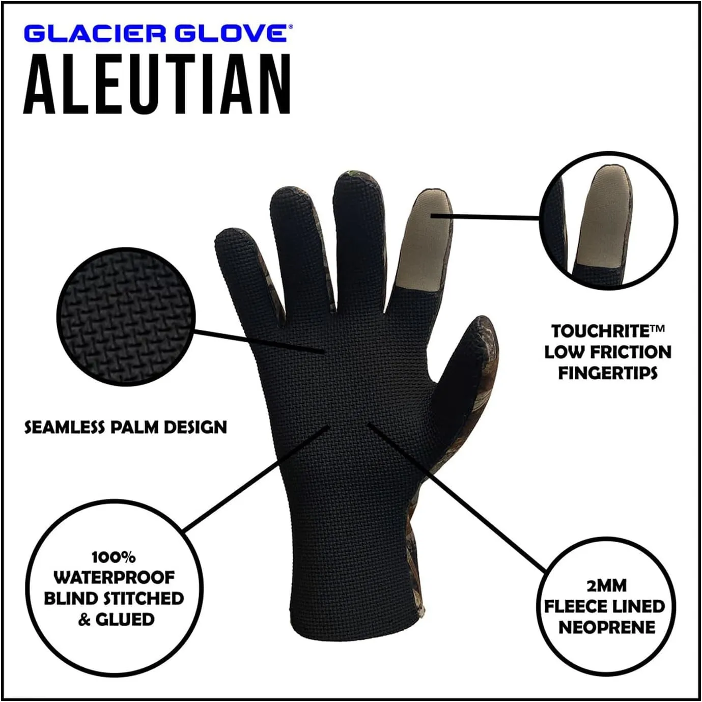 Glacier Glove Men's Aleutian Waterproof Fleece-Lined Blind Stitched Neoprene Gloves | Seamless Sharkskin Textured Palm