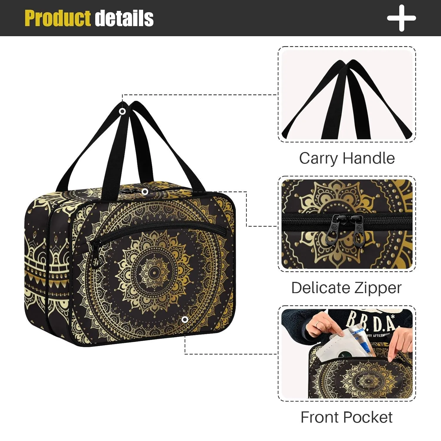 Gold Golden Indian Mandala Tribal Ethnic Circle Flower on Black 1 PC Hanging Travel Wash bag with Handles, Portable Makeup Organizer Brush Storage Case Portable Travel Cosmetic with Hook M