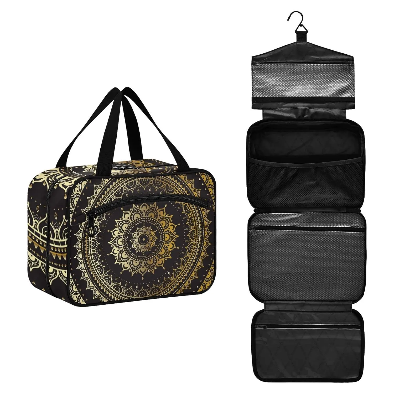 Gold Golden Indian Mandala Tribal Ethnic Circle Flower on Black 1 PC Hanging Travel Wash bag with Handles, Portable Makeup Organizer Brush Storage Case Portable Travel Cosmetic with Hook M