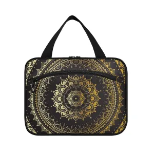 Gold Golden Indian Mandala Tribal Ethnic Circle Flower on Black 1 PC Hanging Travel Wash bag with Handles, Portable Makeup Organizer Brush Storage Case Portable Travel Cosmetic with Hook M
