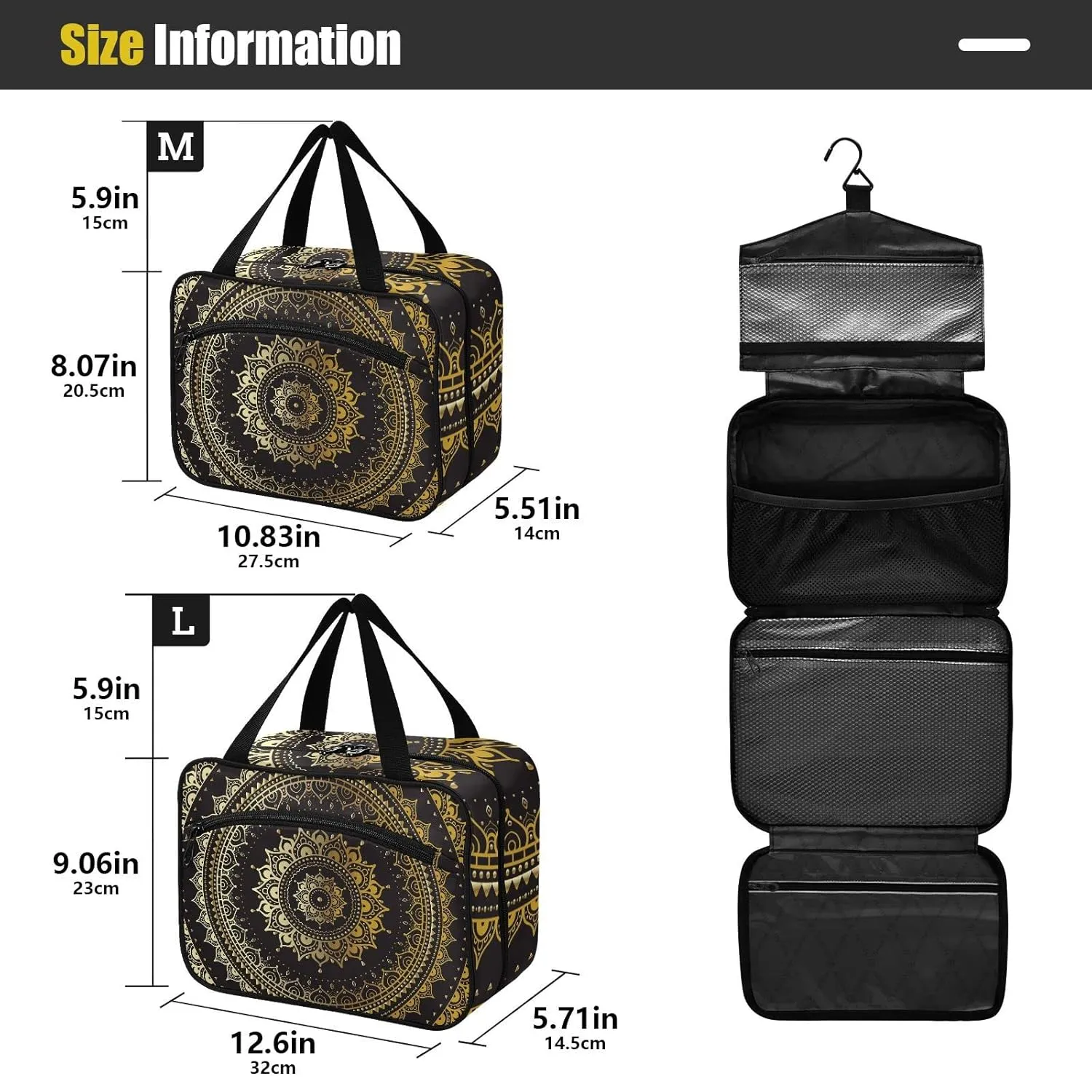 Gold Golden Indian Mandala Tribal Ethnic Circle Flower on Black 1 PC Hanging Travel Wash bag with Handles, Portable Makeup Organizer Brush Storage Case Portable Travel Cosmetic with Hook M