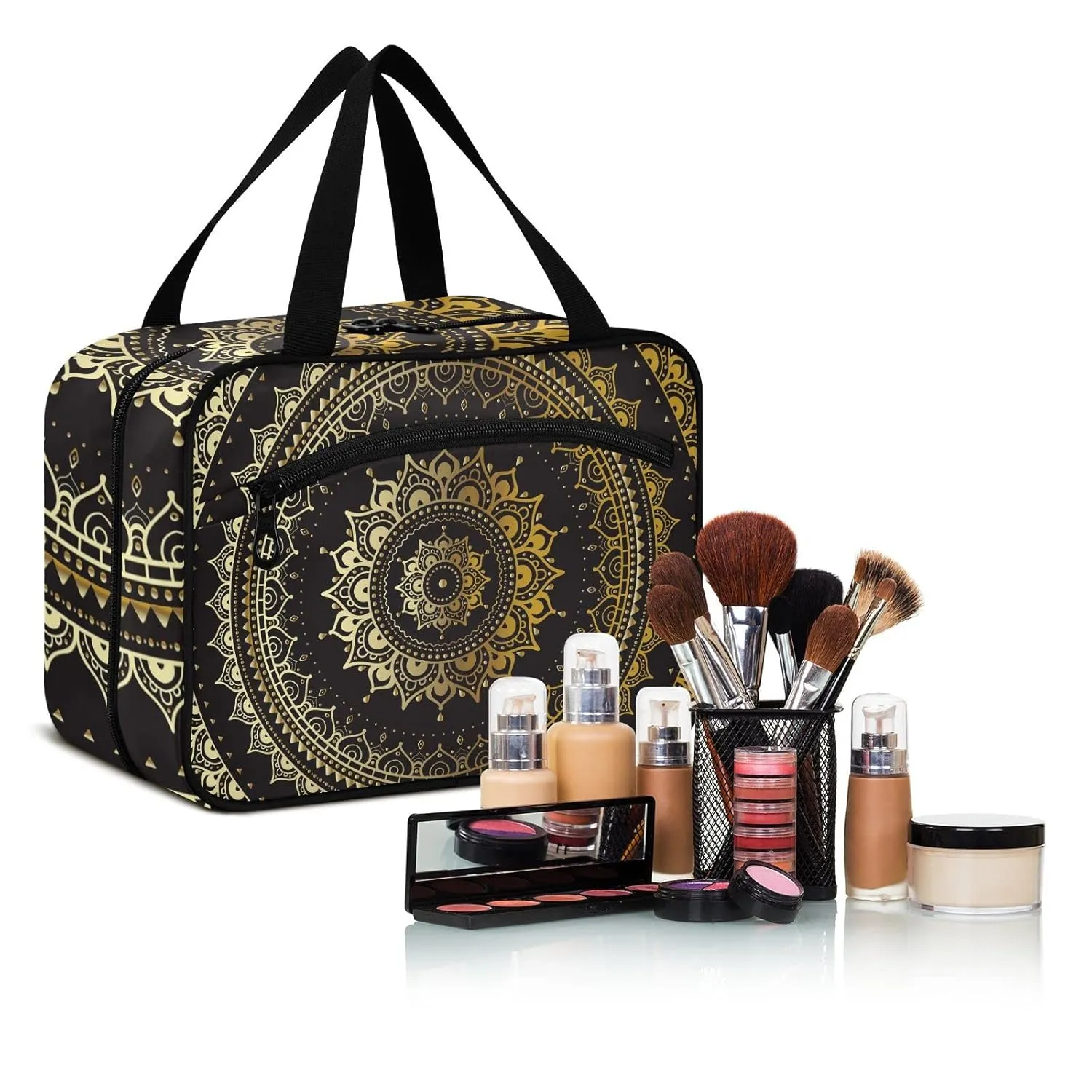 Gold Golden Indian Mandala Tribal Ethnic Circle Flower on Black 1 PC Hanging Travel Wash bag with Handles, Portable Makeup Organizer Brush Storage Case Portable Travel Cosmetic with Hook M
